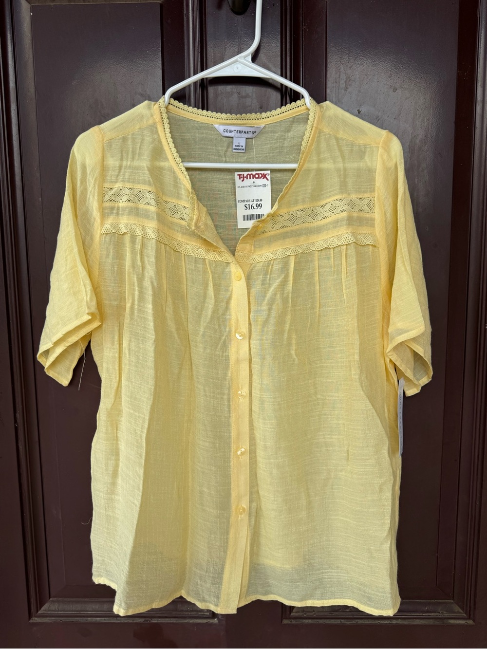 Counterparts Semi-Sheer Yellow Button-Front Blouse with Lace Yoke